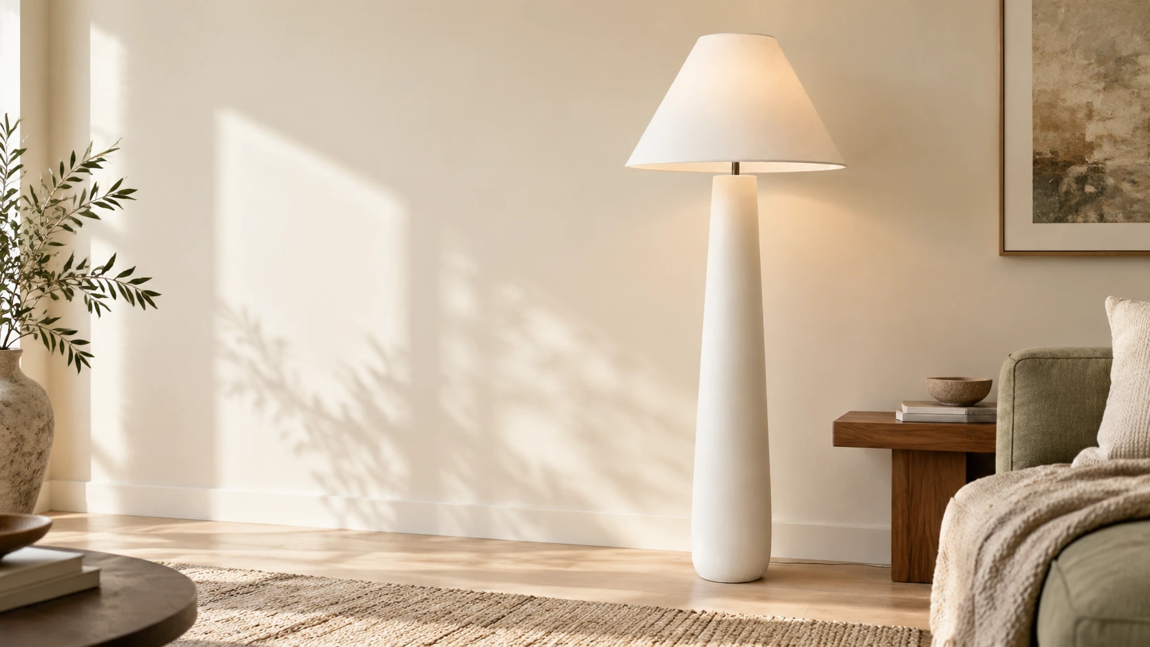 Lampadaire conique en bois blanc dans un coin neutre d'une pièce résidentielle