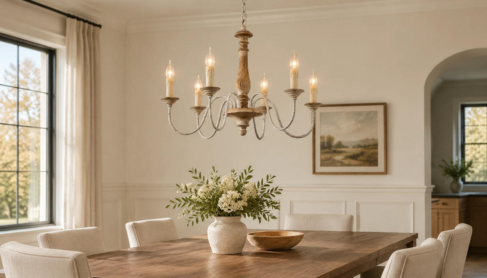 Lustre en bois patiné dans une salle à manger