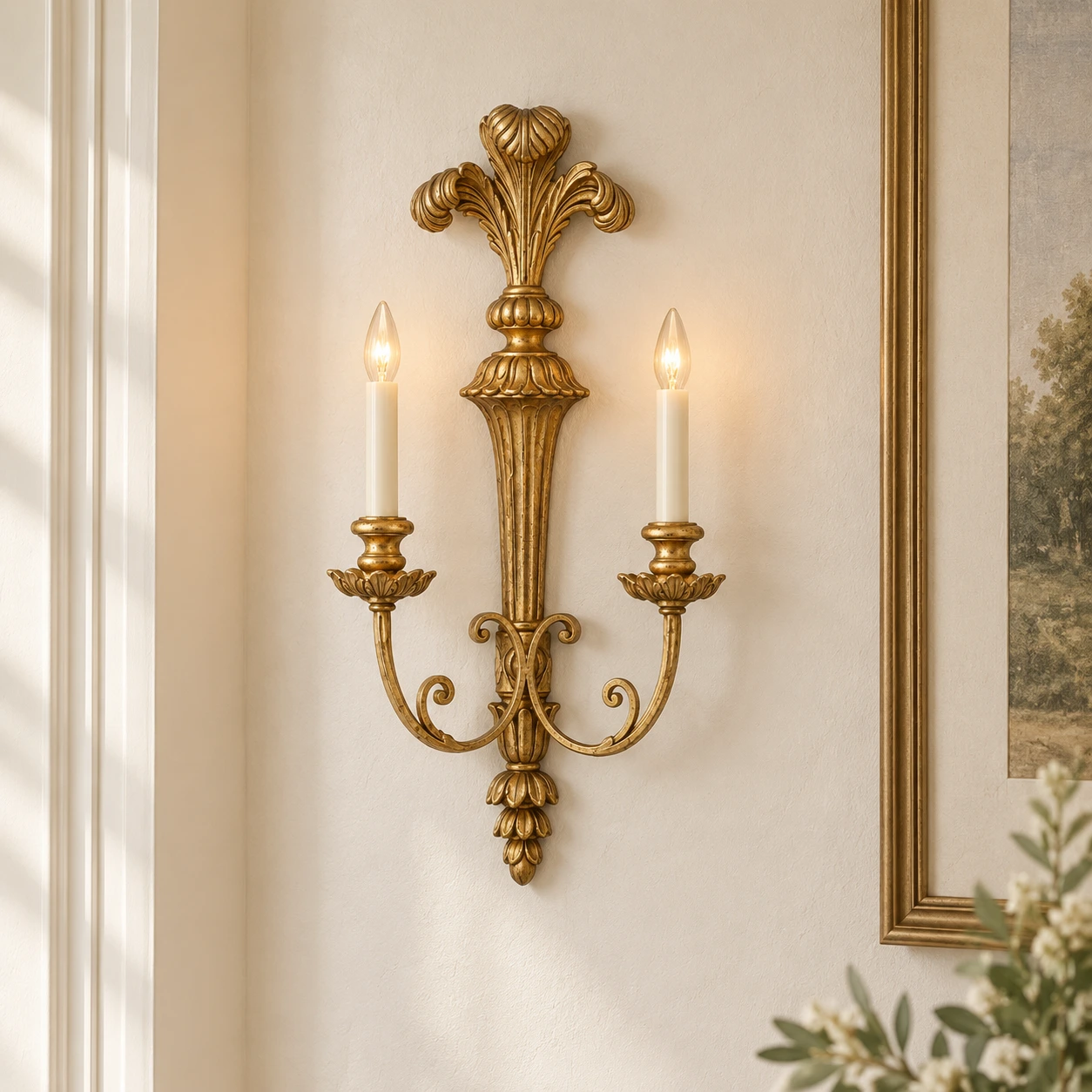 Applique murale en bois à deux lumières sur un mur de couloir