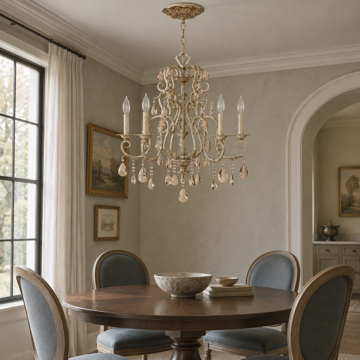 Lustre à quatre lumières dans une salle à manger traditionnelle gris minéral