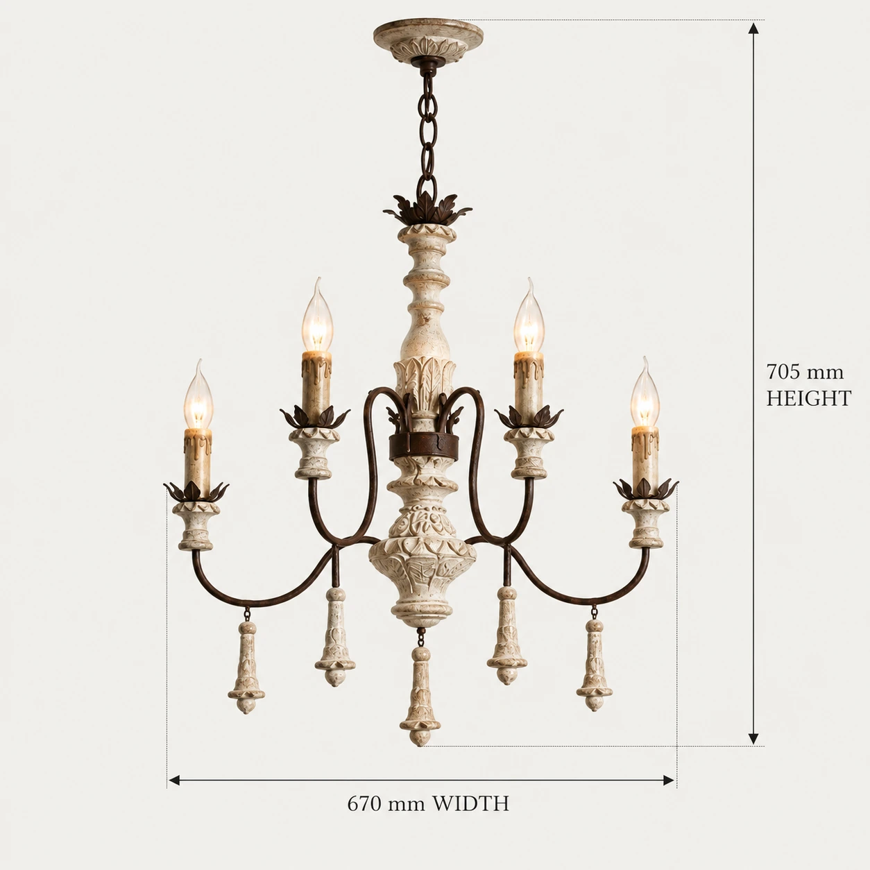 Lustre en bois à six têtes, 670 millimètres de large et 705 millimètres de haut