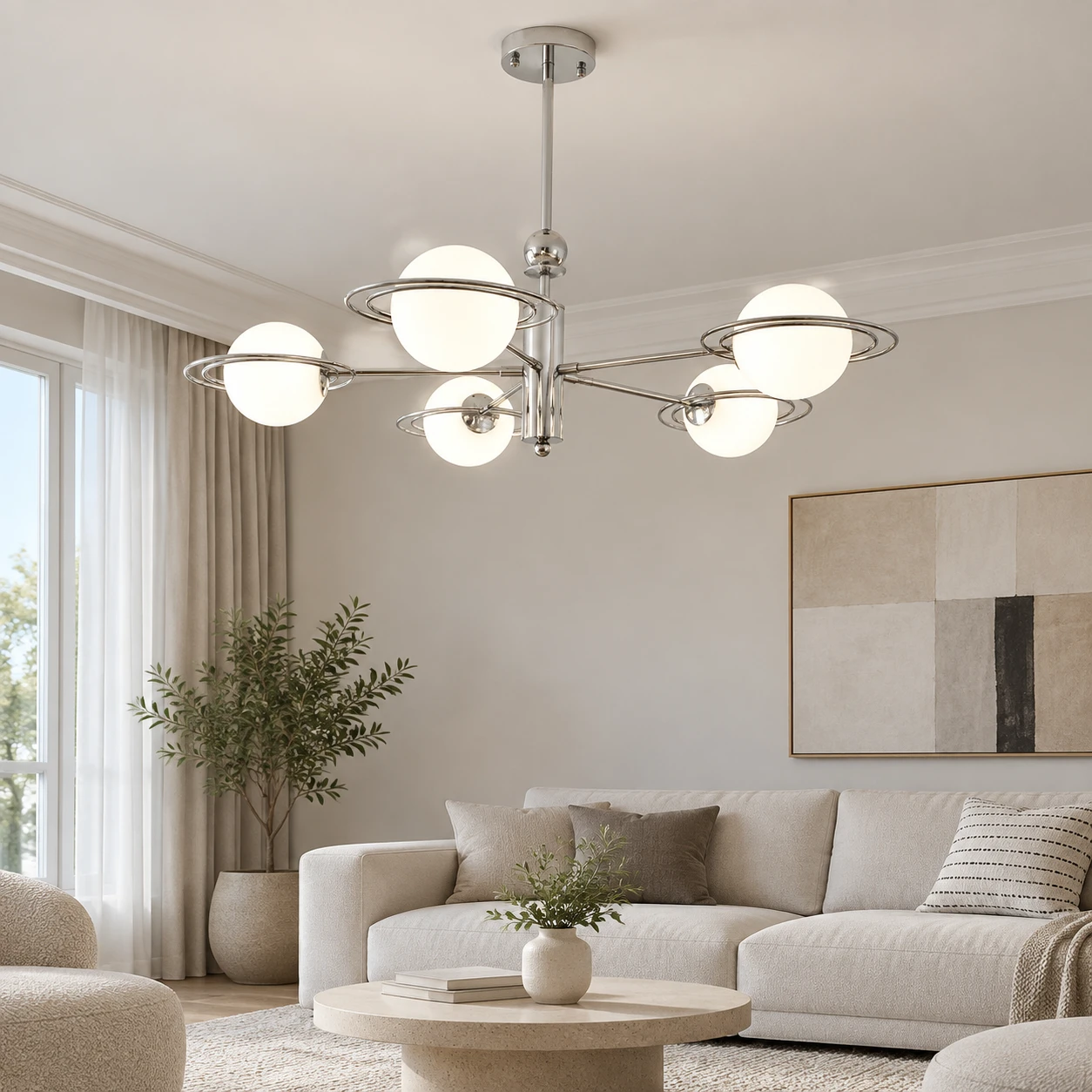 Lámpara colgante Mira de 5 brazos en una sala de estar familiar.