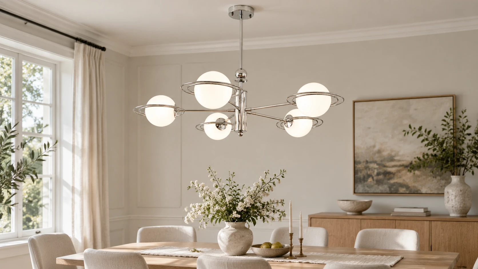 Lámpara colgante Mira Bauhaus con forma de anillo esférico y cartel para comedor