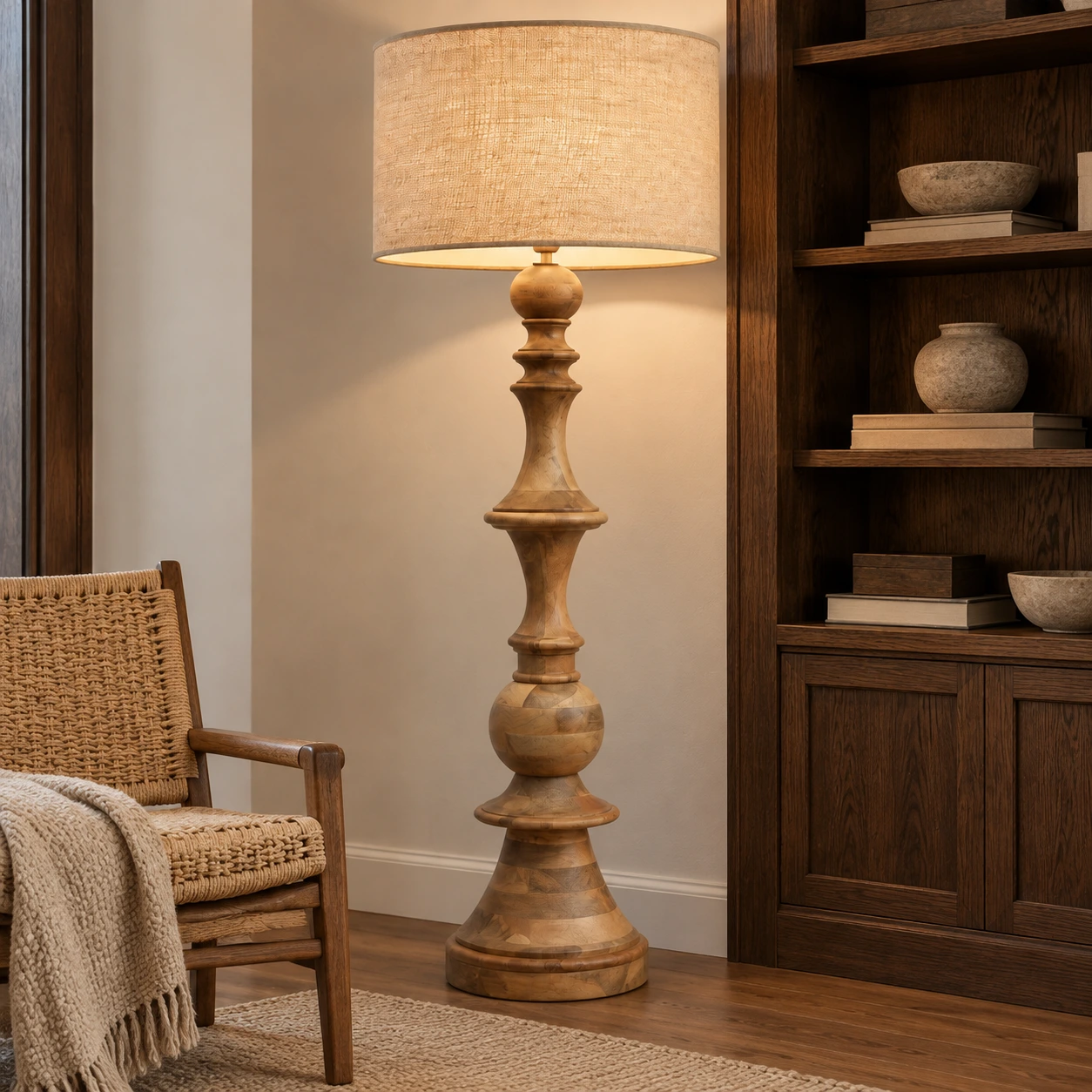 Lampadaire en bois sculpté à côté d'un fauteuil de lecture et d'une bibliothèque
