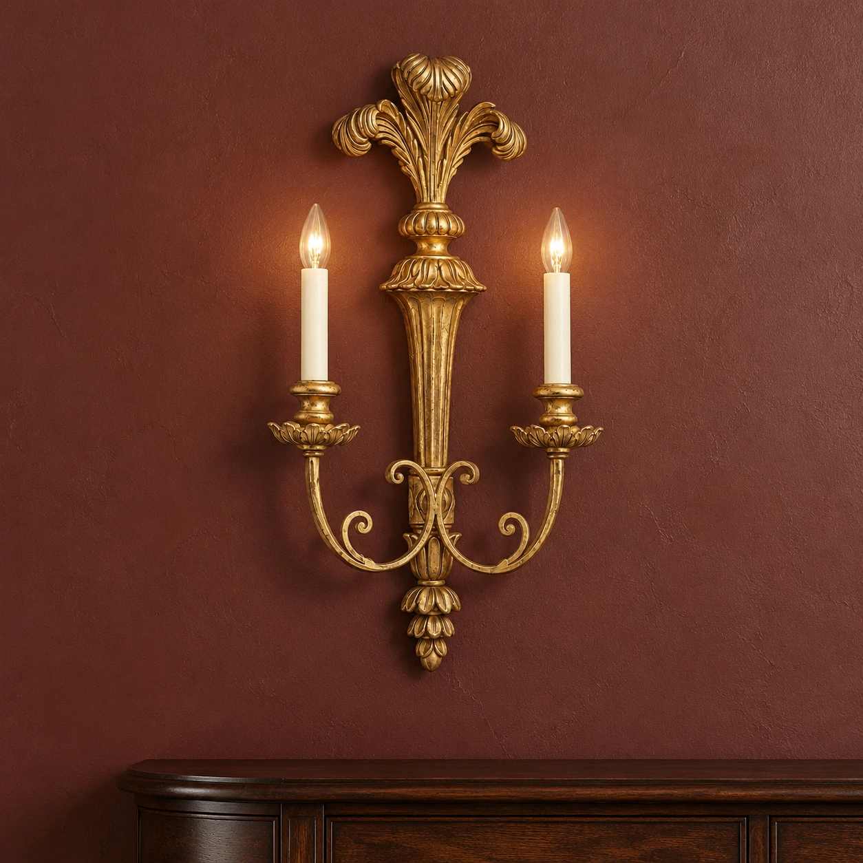 Applique murale en bois à deux lumières au-dessus d'une console sombre