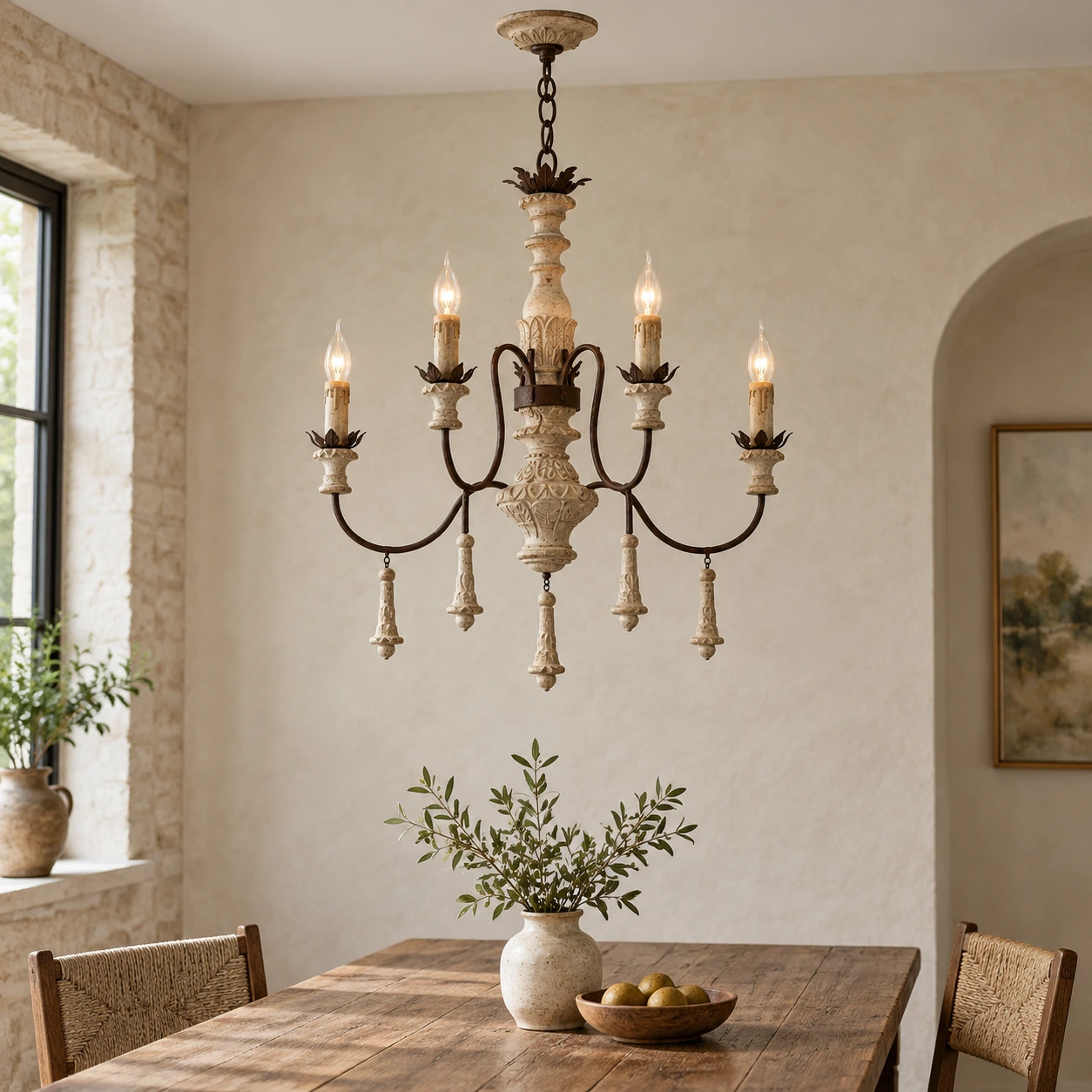 Lustre en bois à six têtes dans un coin repas