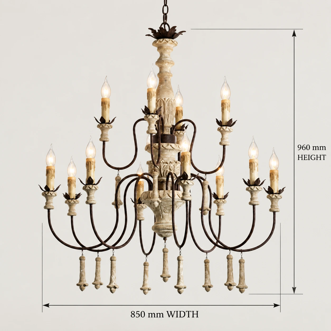 Lustre en bois à douze têtes, 850 millimètres de large et 960 millimètres de haut