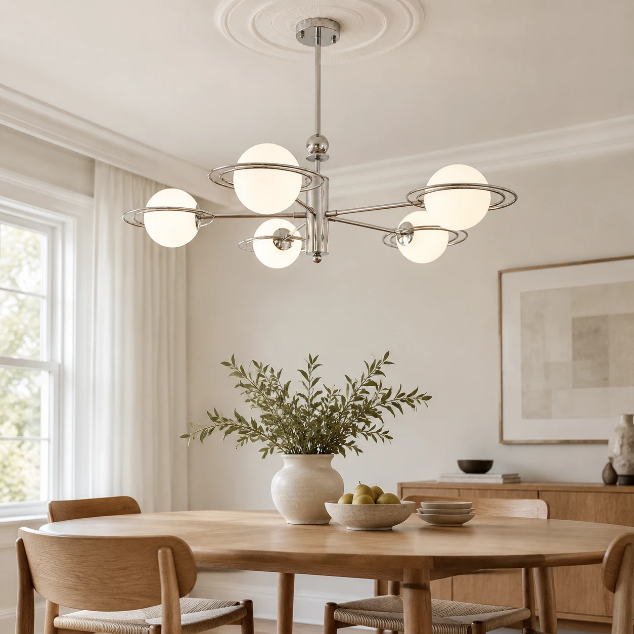 Lámpara colgante Mira de 5 luces en un comedor familiar.