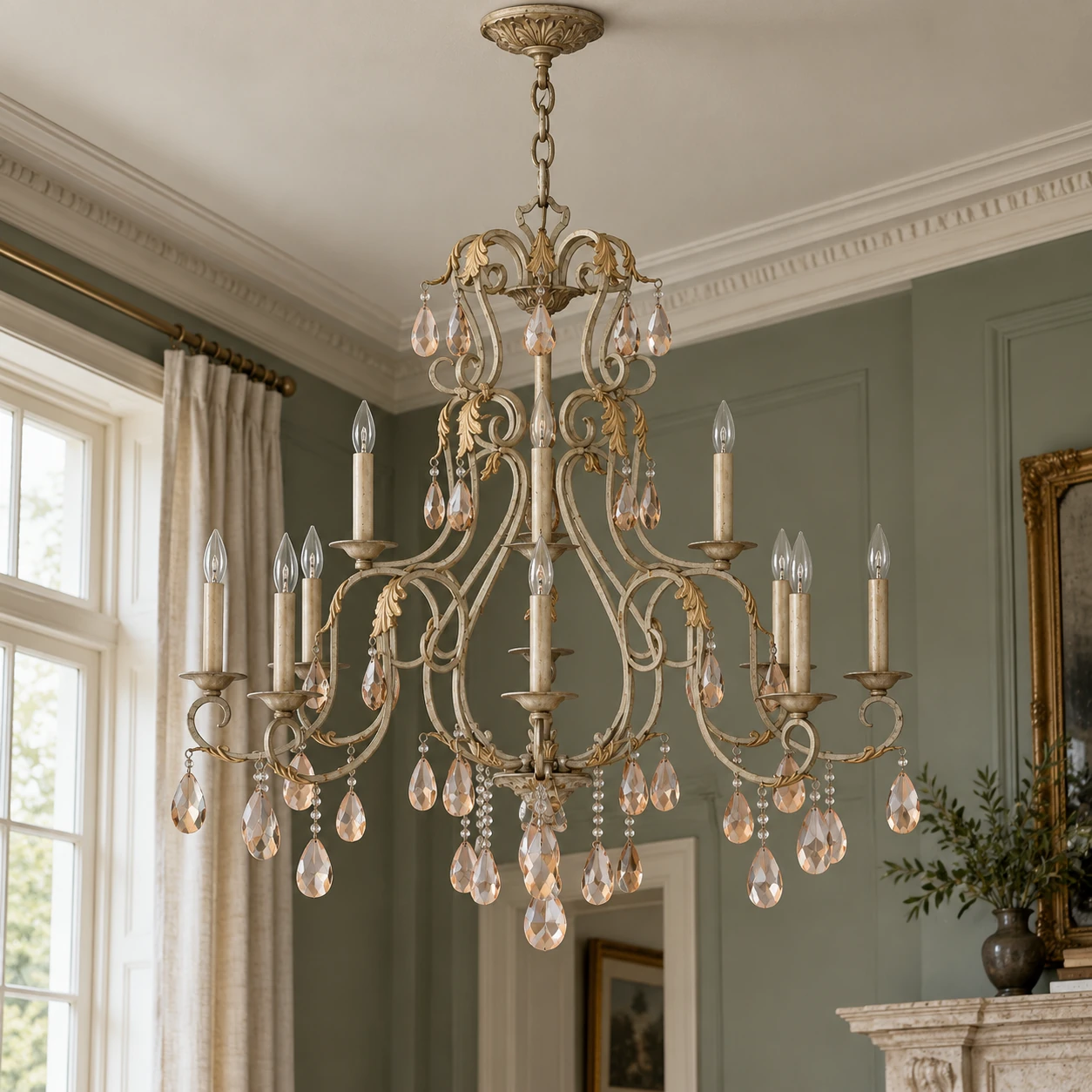 Gros plan sur le lustre en cristal à plusieurs niveaux dans un salon vert-gris