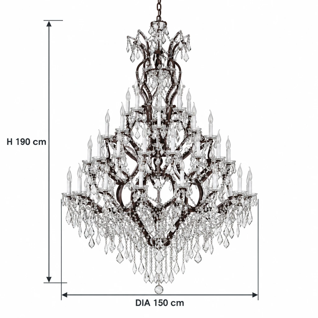 Dimensiones de la lámpara de araña Aurelia: 190 cm de alto y 150 cm de diámetro.