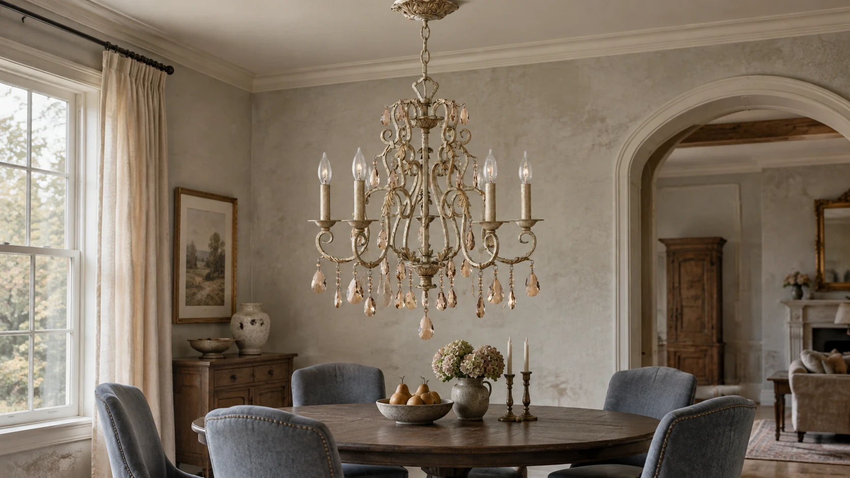 Lustre à quatre lumières en fer et cristal au-dessus d'une table à manger dans une pièce traditionnelle