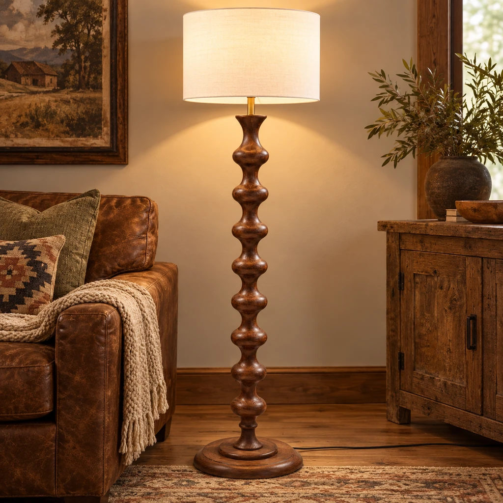 Lampadaire Avery en noyer sculpté dans un coin lecture