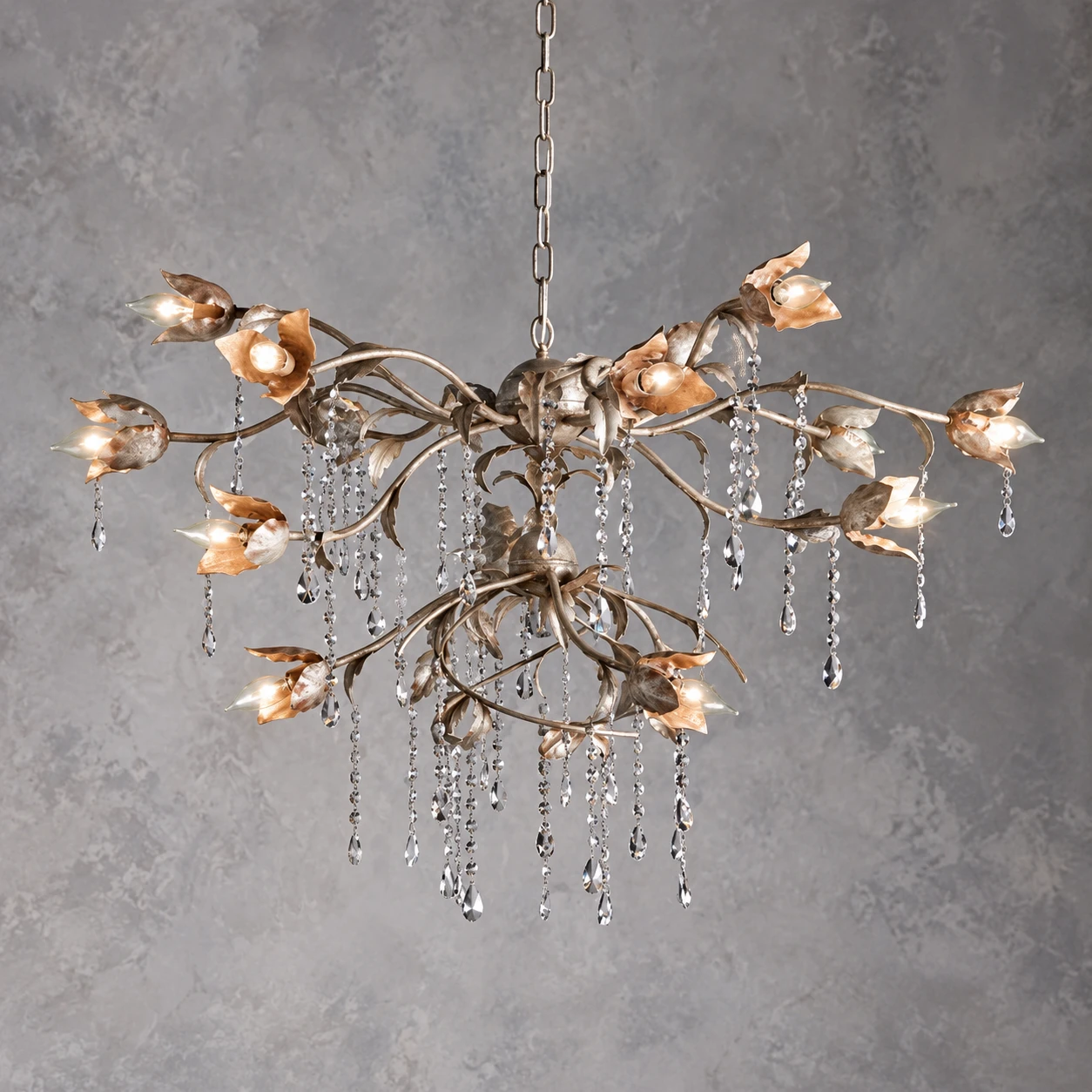 Lustre en cristal argenté vieilli à branches ramifiées