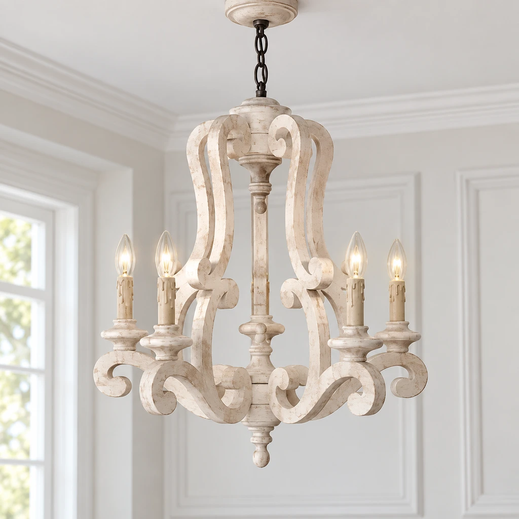 Lustre Beatrice de style campagnard américain à cinq lumières en bois sculpté, sur un plafond clair