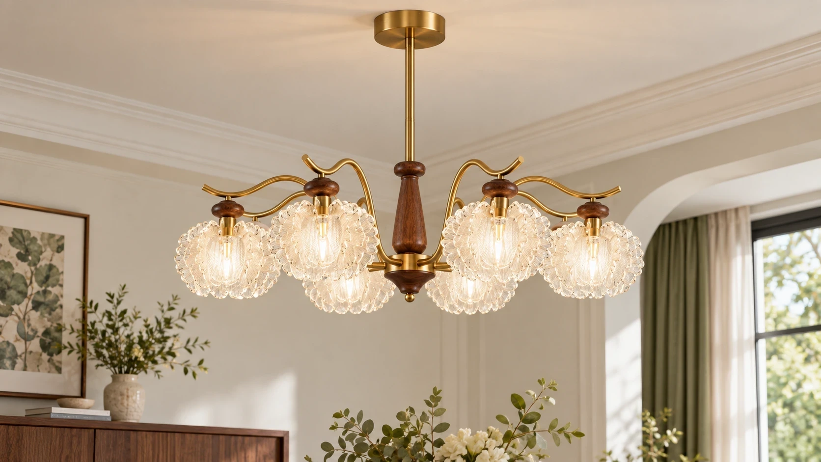 Lustre Wushlp Vintage Petal en acrylique installé dans un hall d'entrée lumineux