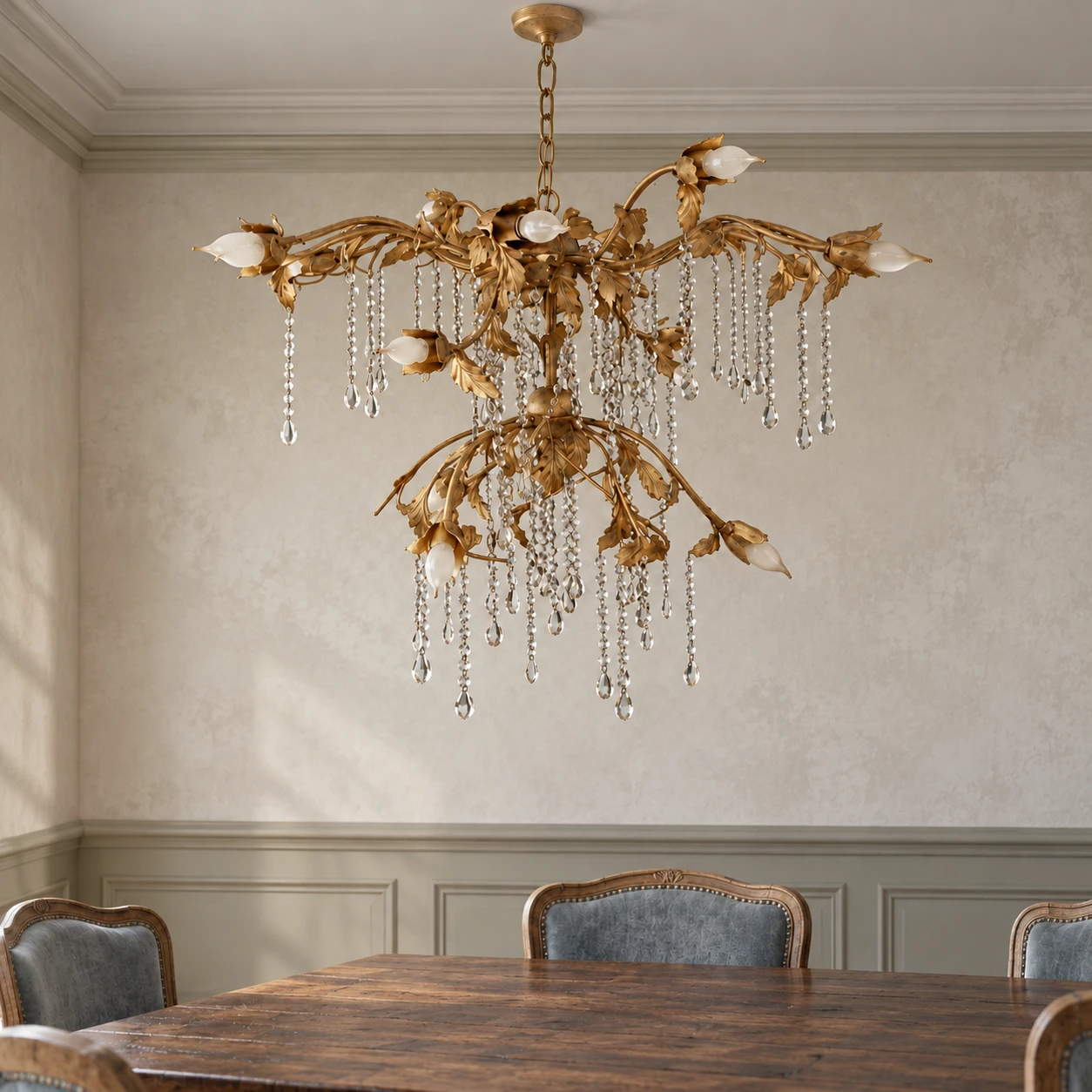 Lustre ancien en cristal doré à branches dans une salle à manger