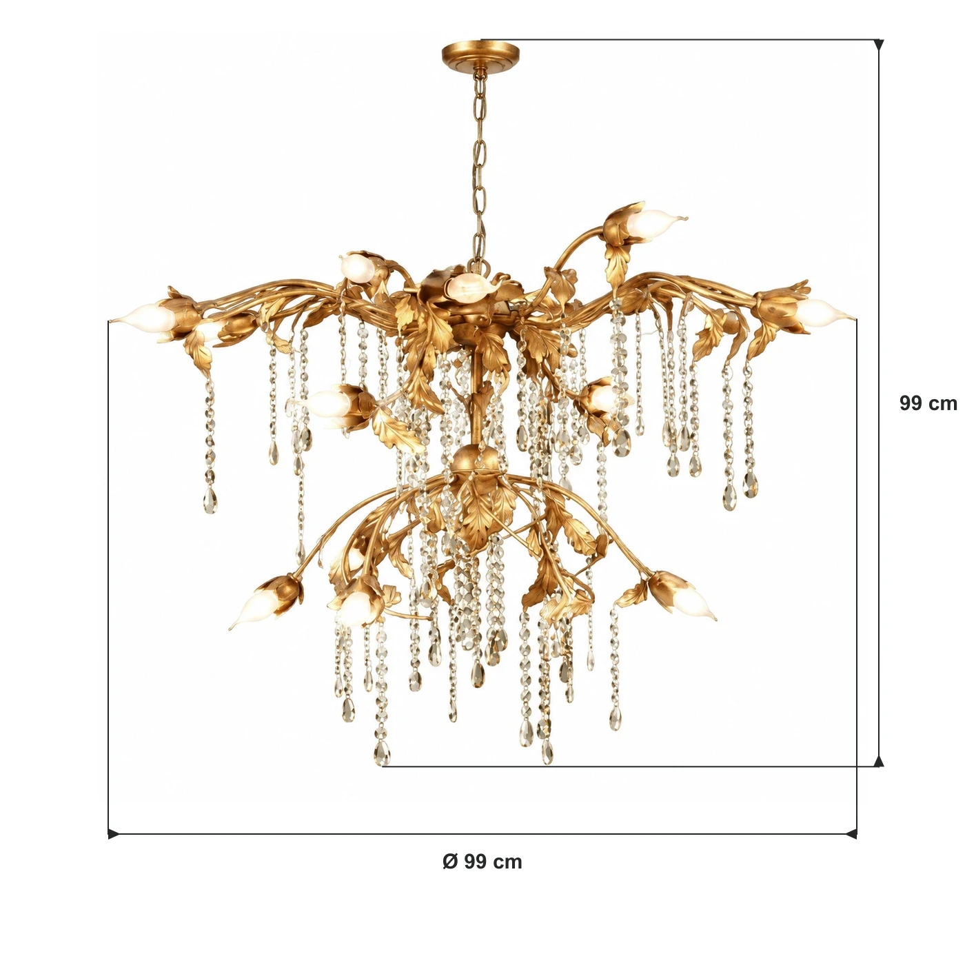 Dimensions vérifiées pour la finition or antique : diamètre 99 cm, hauteur 99 cm