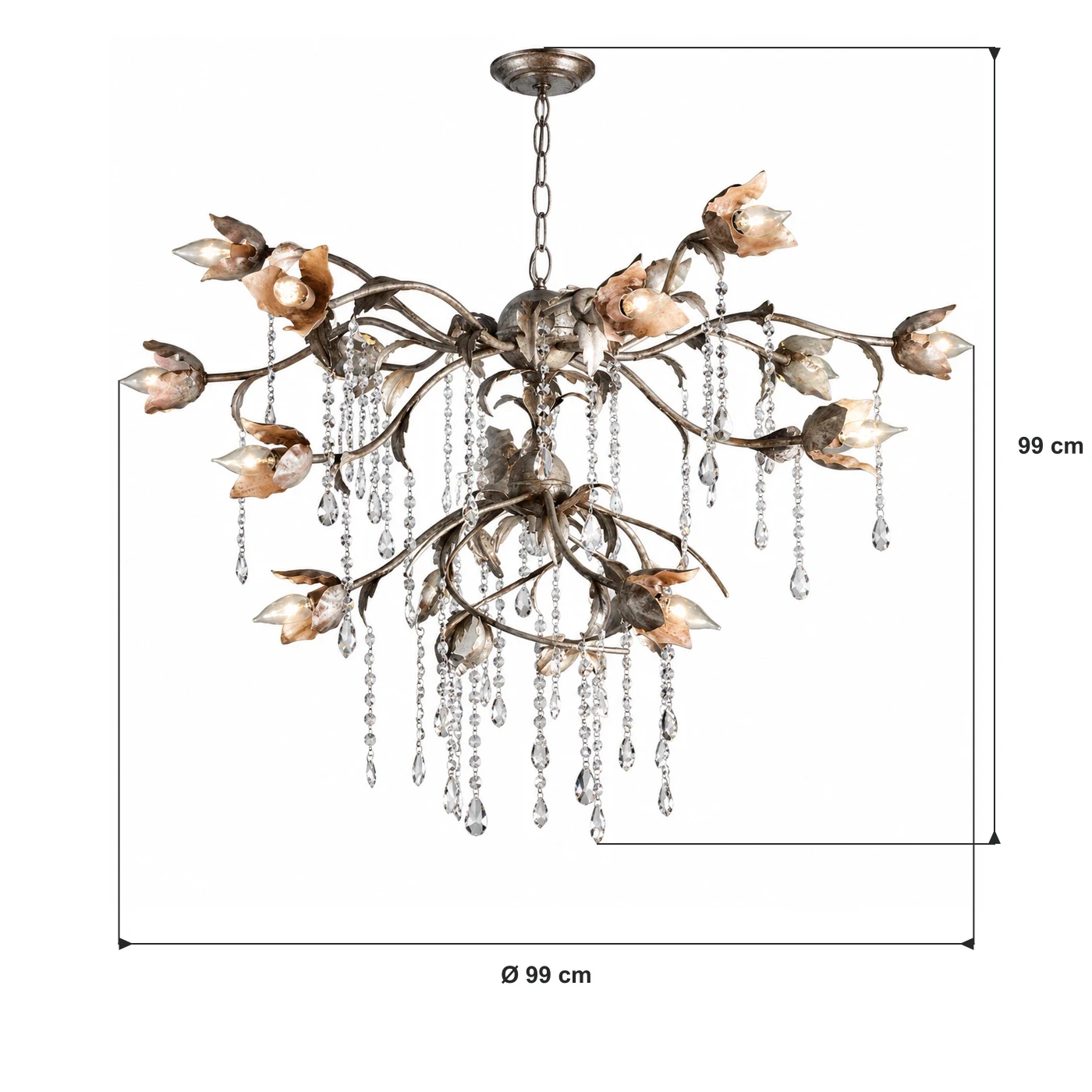 Dimensions vérifiées pour la finition argent vieilli : diamètre 99 cm, hauteur 99 cm