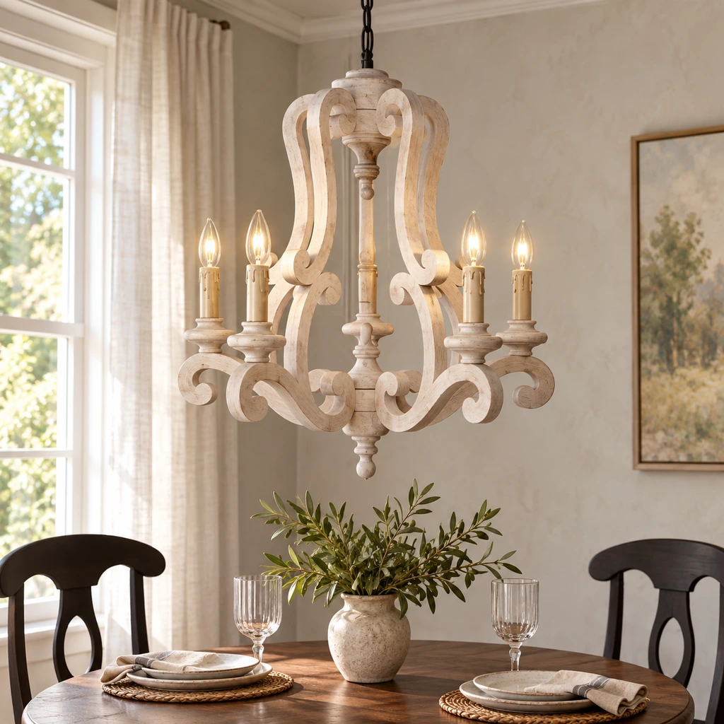 Lustre Beatrice placé au-dessus d'une table à manger compacte en noyer