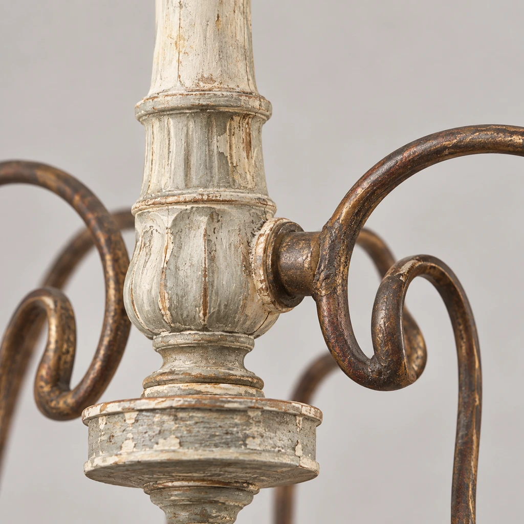 Detalle cercano de la columna de araña de madera tallada envejecida