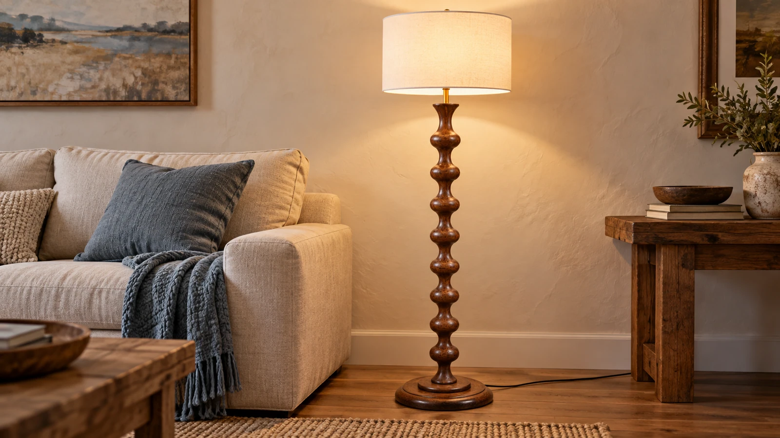 Lampadaire Avery en noyer sculpté à côté d'un canapé rustique américain
