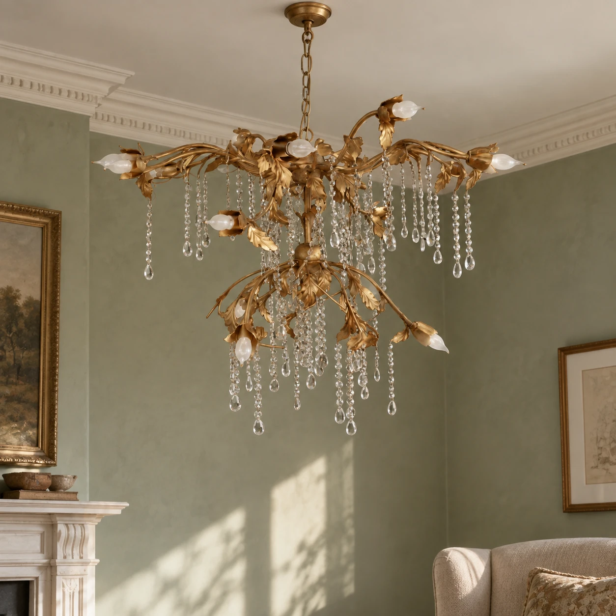Lustre ancien doré dans un salon résidentiel