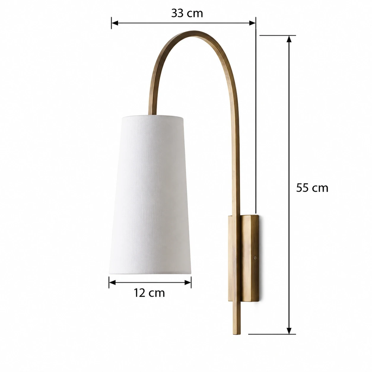 Schéma d'une applique murale montrant une largeur de 12 cm, une hauteur de 55 cm et une profondeur de 33 cm.