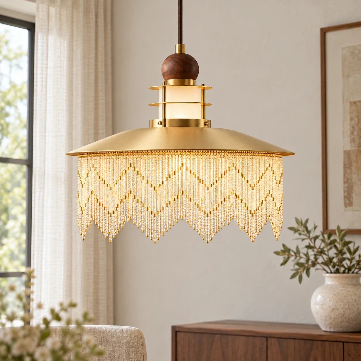 Suspension Wushlp Vintage à franges en bois installée à côté d'un lit