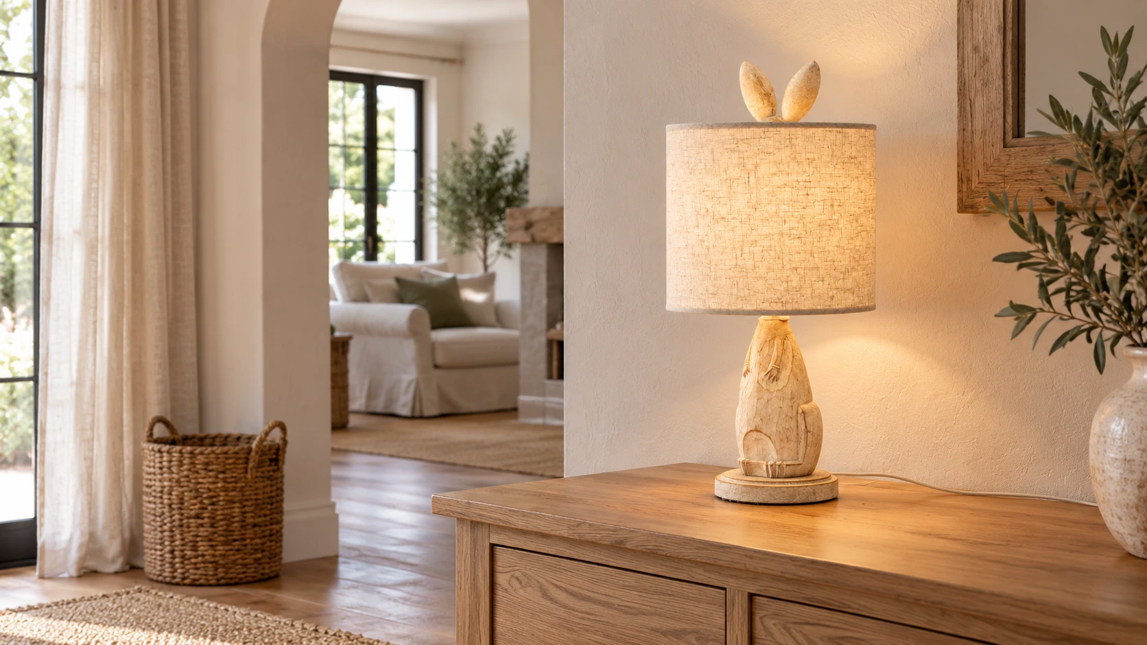 Lampe de table lapin en bois naturel lavé dans l'entrée d'une maison de campagne