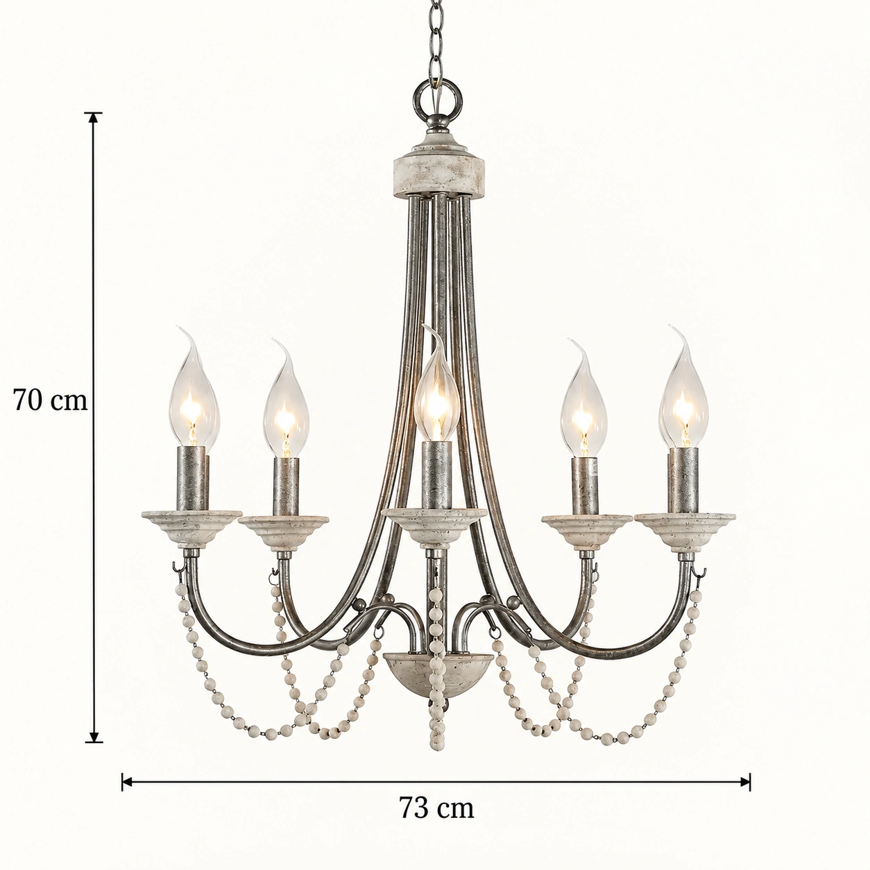 Dimensions vérifiées de cette lampe à huit lumières en argent antique : 73 cm de diamètre et 70 cm de hauteur