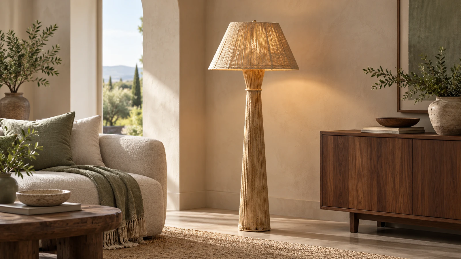 Lampadaire tressé Dahlia à côté d'une console vintage française