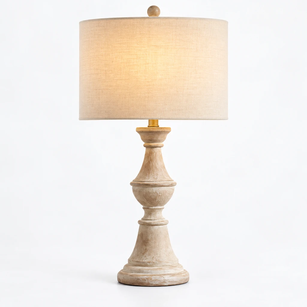 Elena American Vintage Carved Wood and Fabric Table Lamp, Aged Wood, close view of the primary material and finish