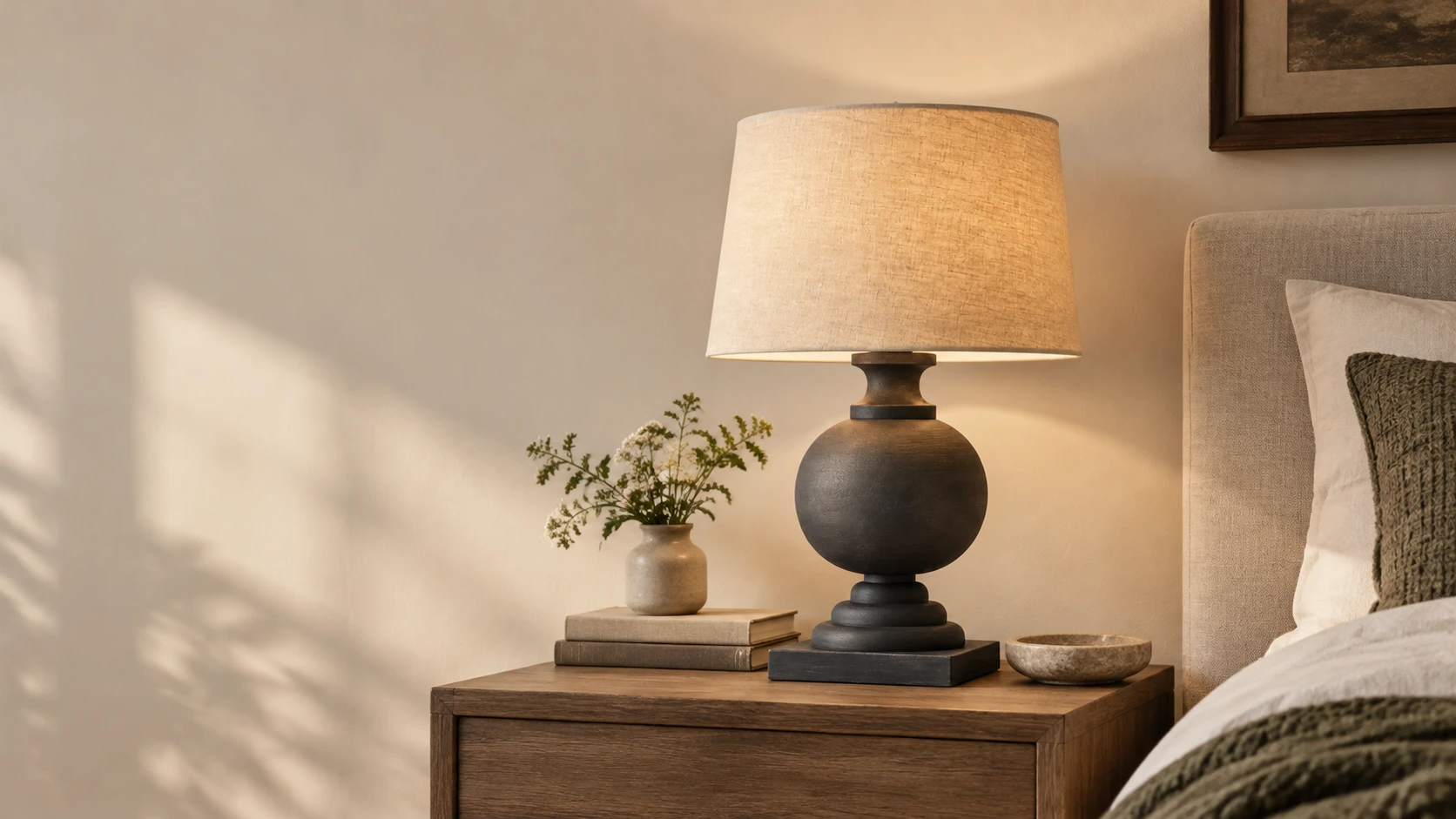 Lampe de table en bois foncé sur une table de chevet