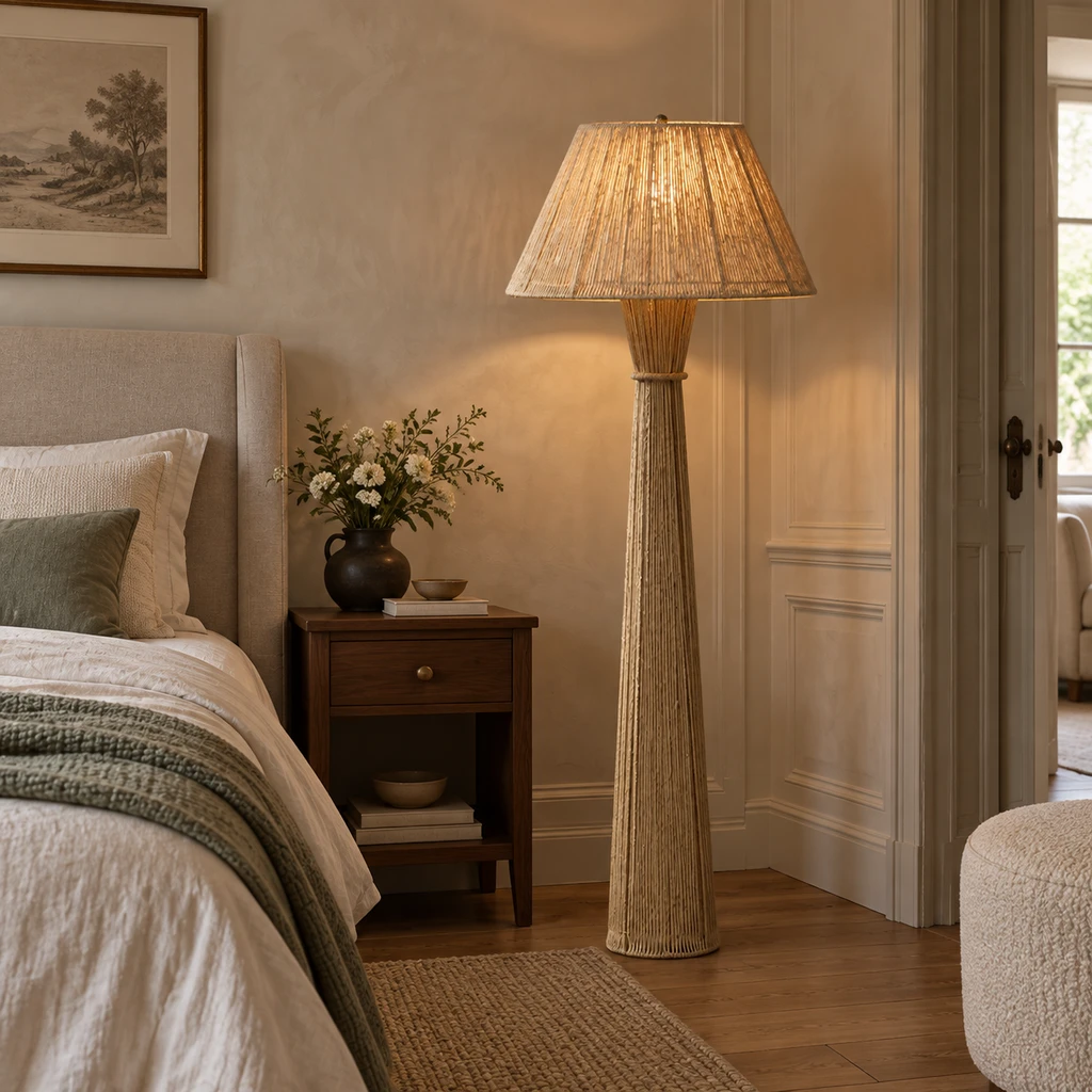 Lampadaire tressé Dahlia dans une chambre rustique française