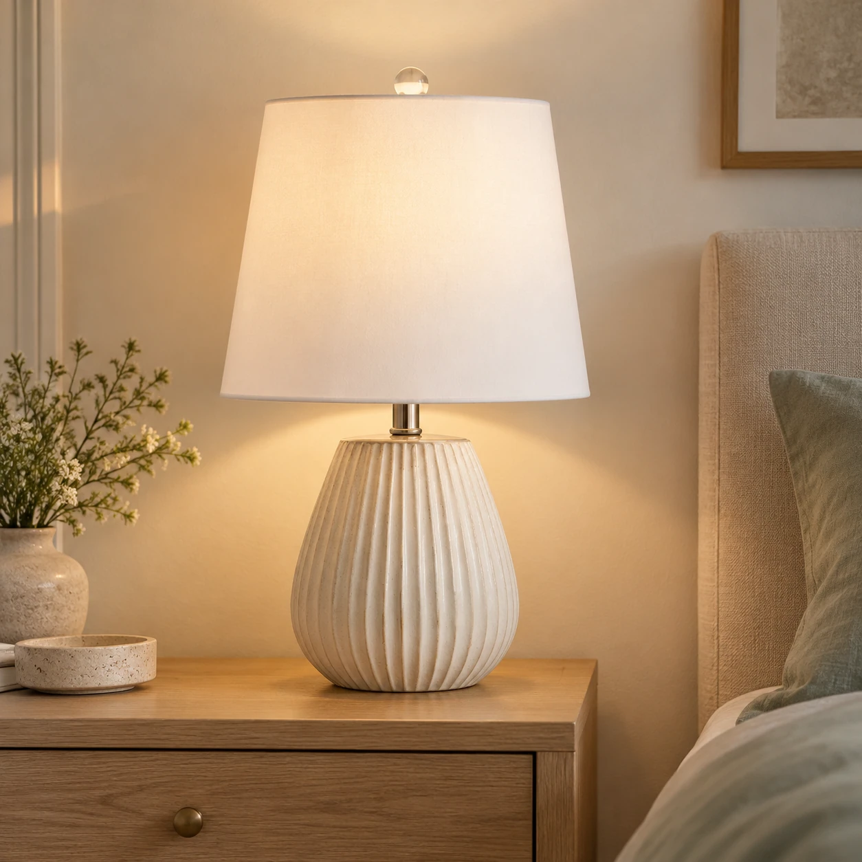Lampe de table Clara sur une table de chevet dans une chambre calme