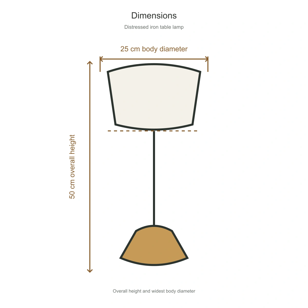 Schéma des dimensions de la lampe de table : diamètre du corps : 25 cm, hauteur totale : 50 cm