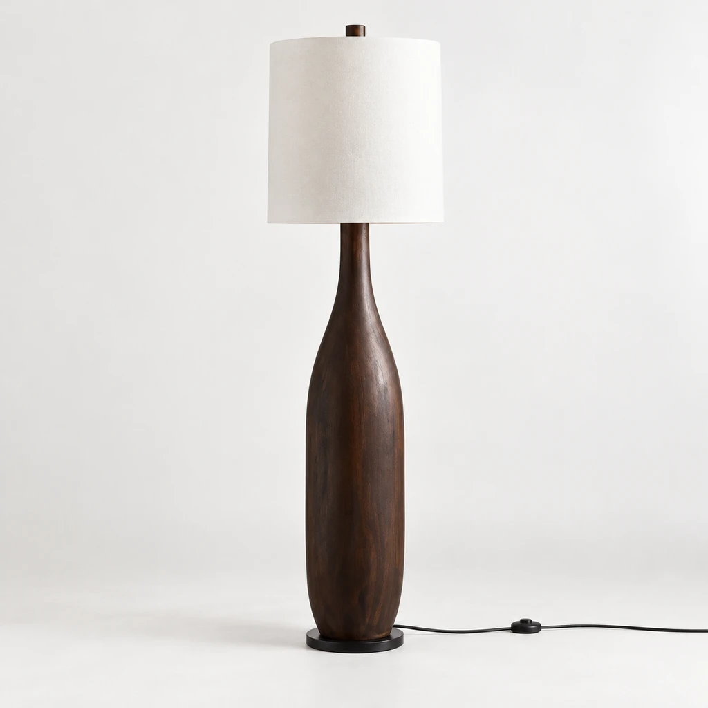Amelia American Rustic Turned Wood and Fabric Floor Lamp, Dark Coffee - 45 cm wide x 160 cm high, switched-off product in a neutral studio