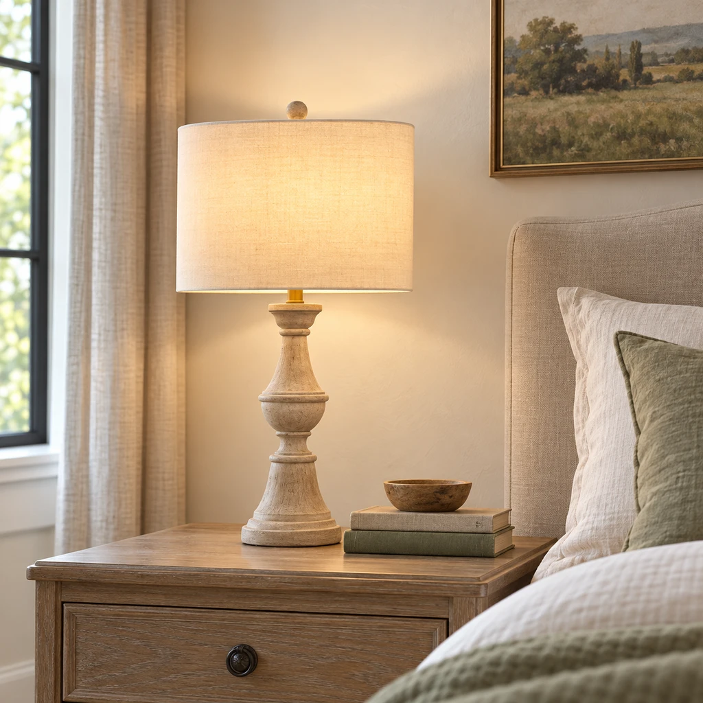 Elena American Vintage Carved Wood and Fabric Table Lamp, Aged Wood, high-ceiling bedroom setting