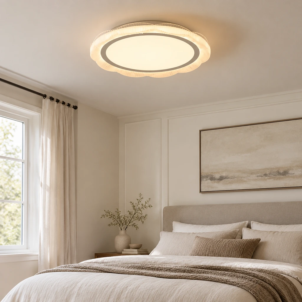 Plafonnier Luca Halo dans une chambre sobre