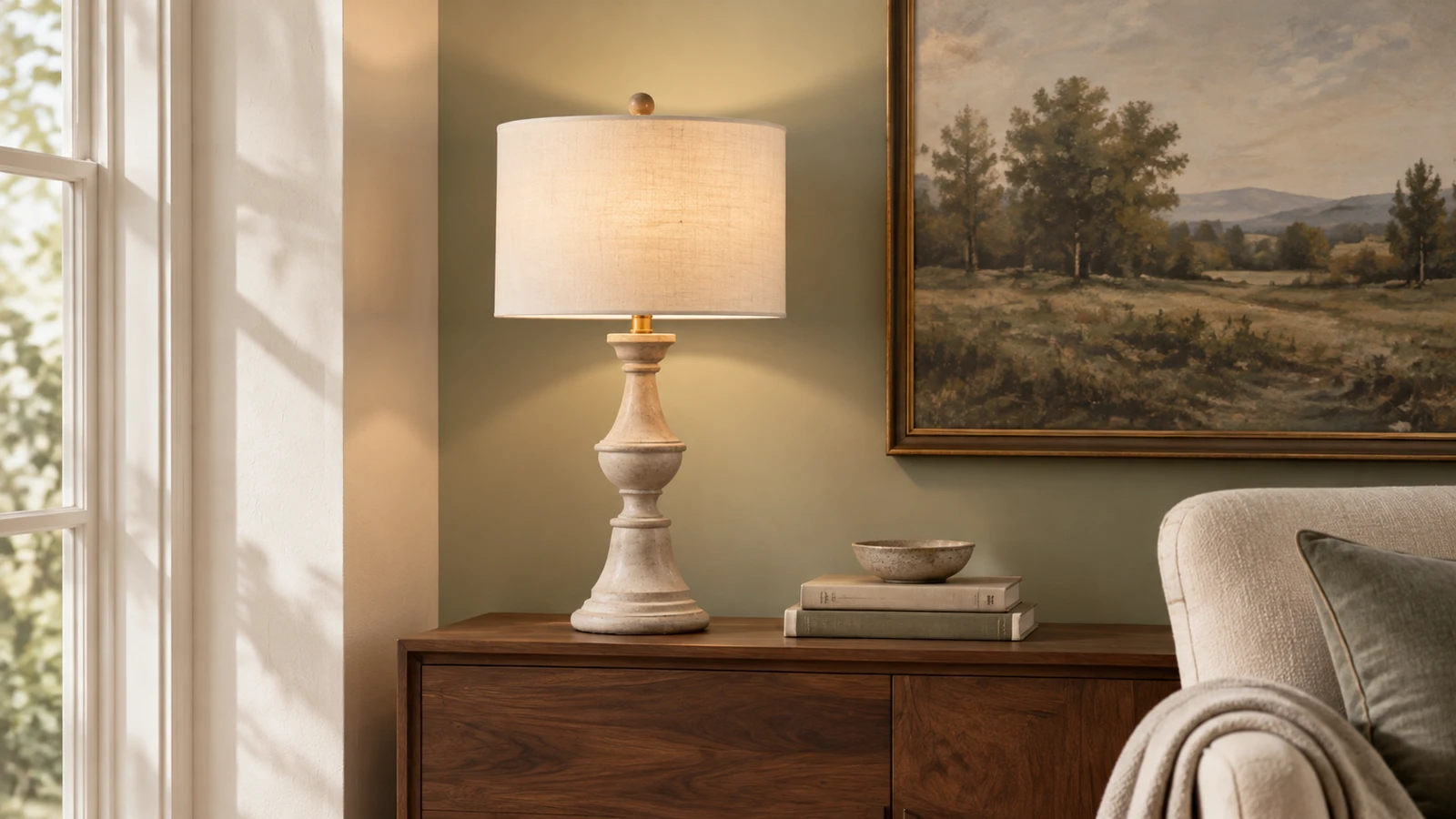 Elena American Vintage Carved Wood and Fabric Table Lamp in an American Rustic interior
