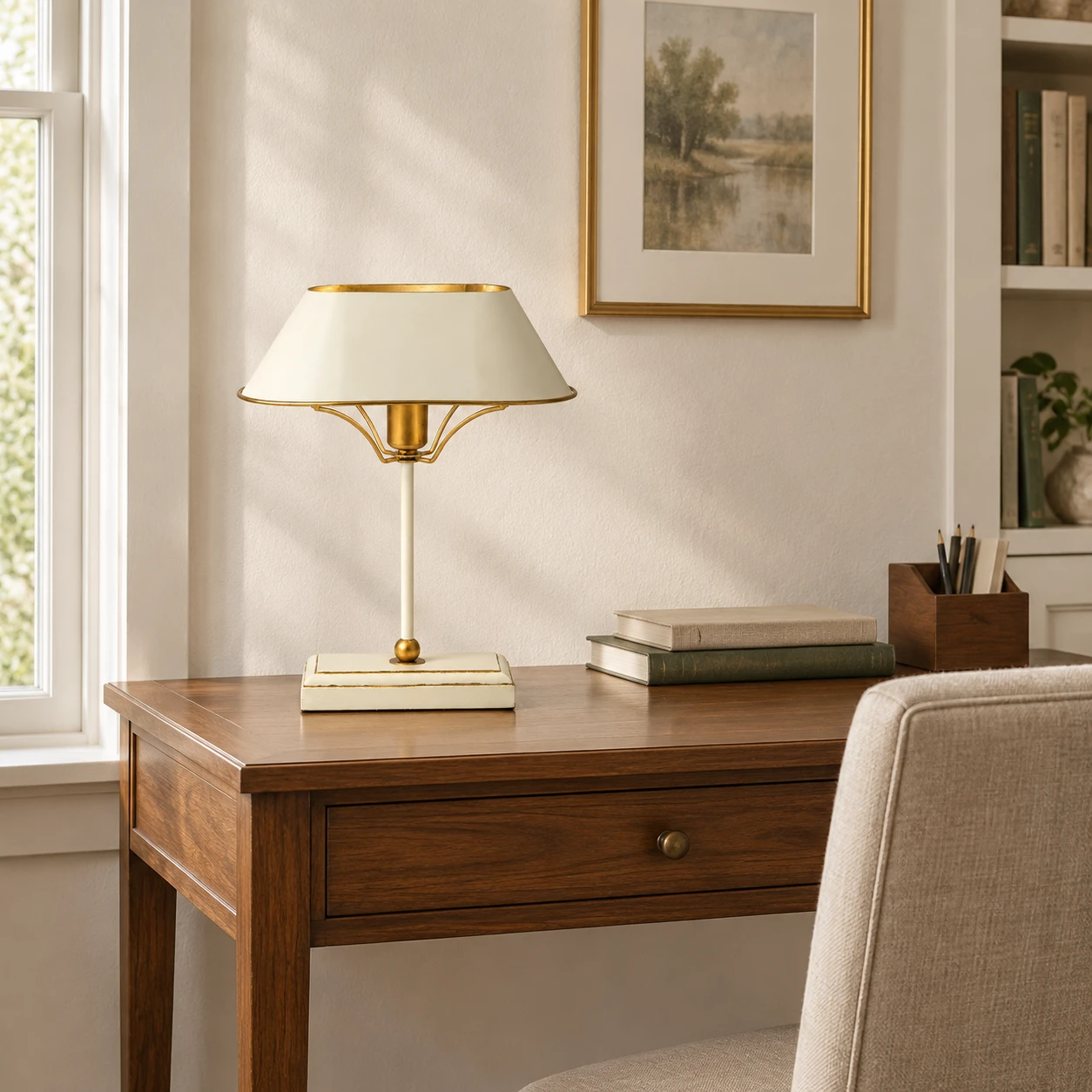 Lampe de table Odette ivoire et or sur un bureau en noyer