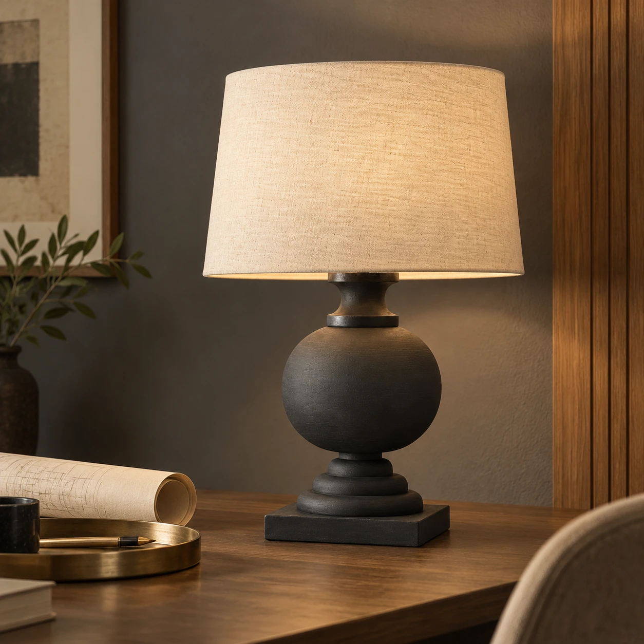 Lampe de table en bois foncé sur un bureau