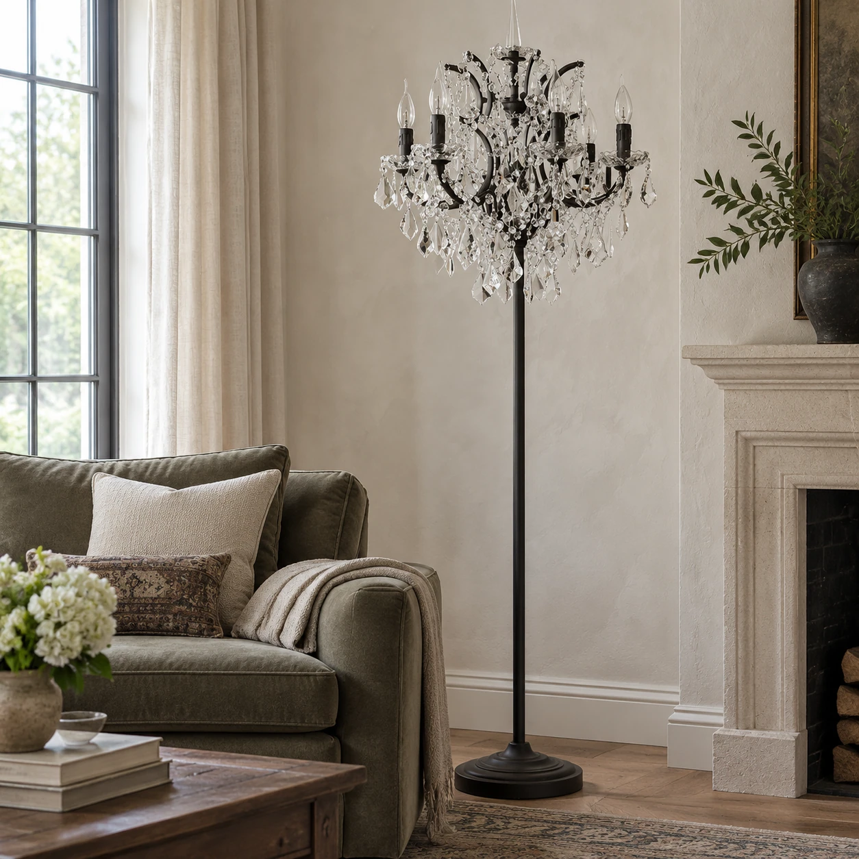 Lampadaire en cristal aux lumières façon bougie Celeste à côté d'un canapé dans un salon calme