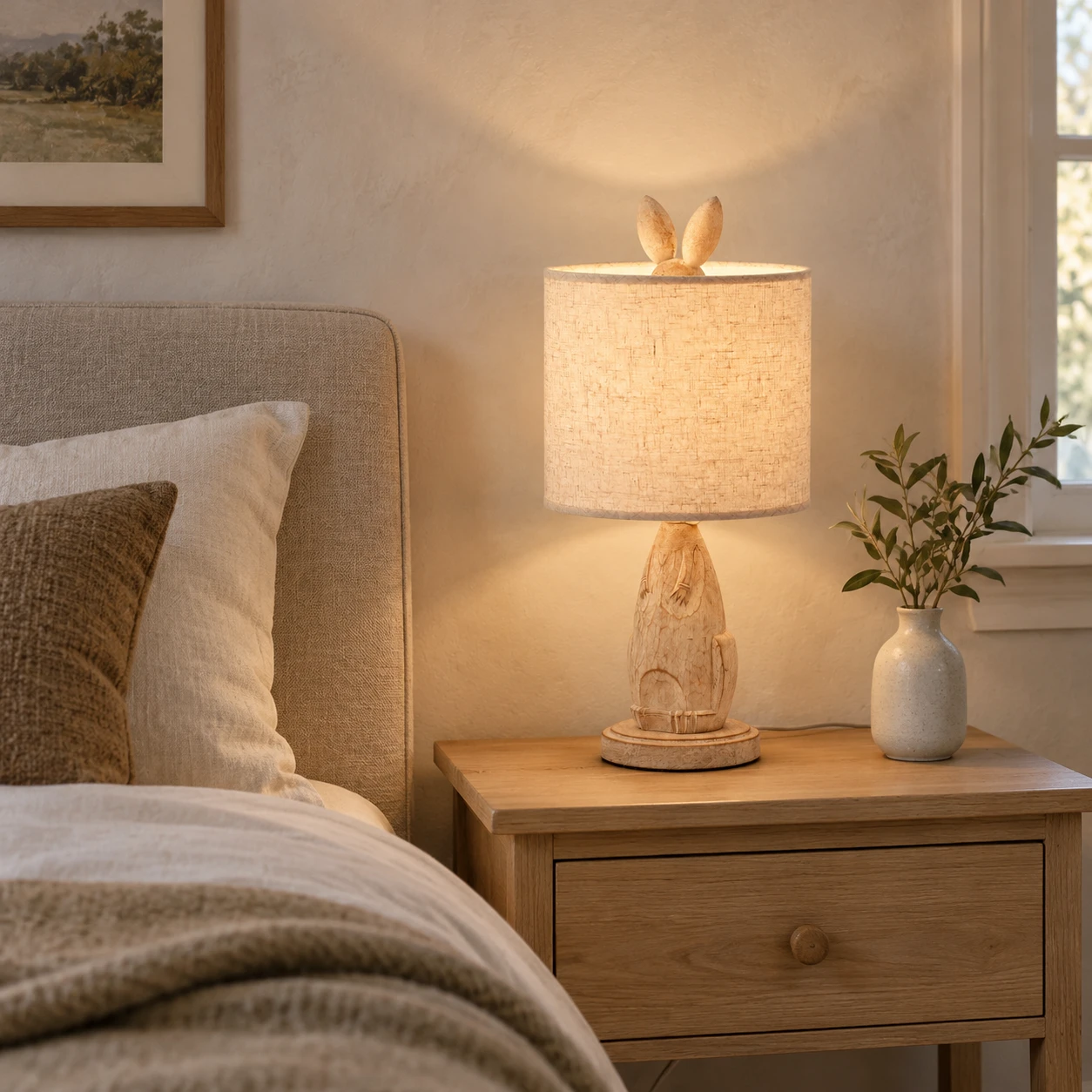 Lampe de table lapin en bois naturel lavé sur une table de chevet en chêne