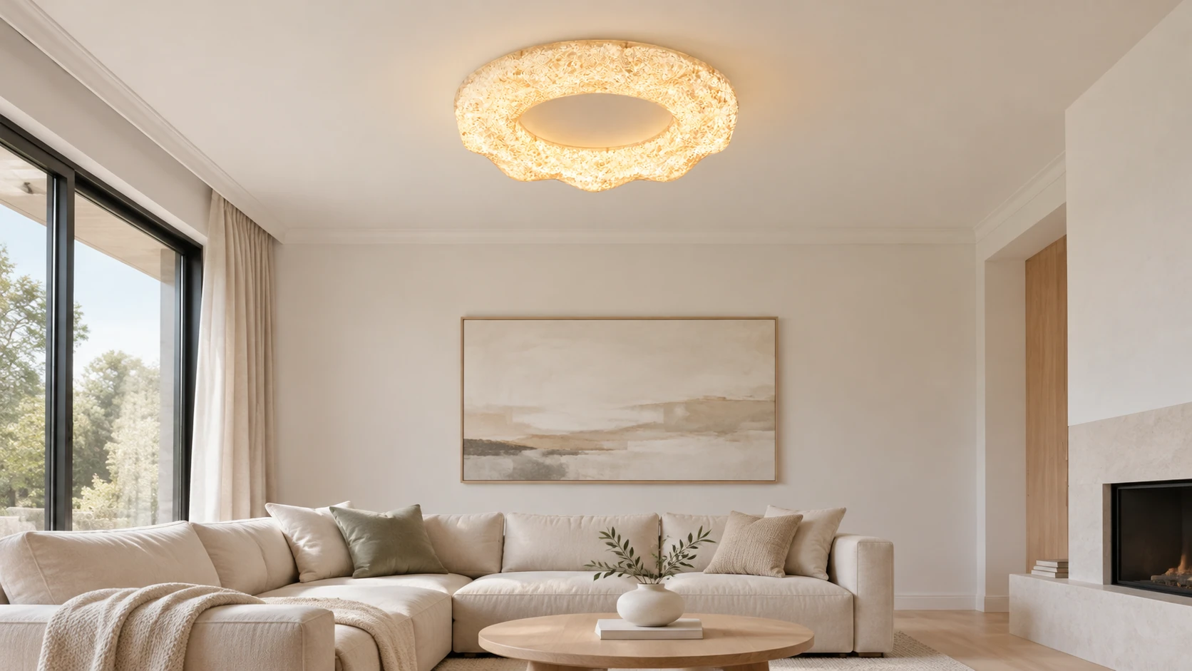 Plafonnier en résine Clara installé dans un salon lumineux