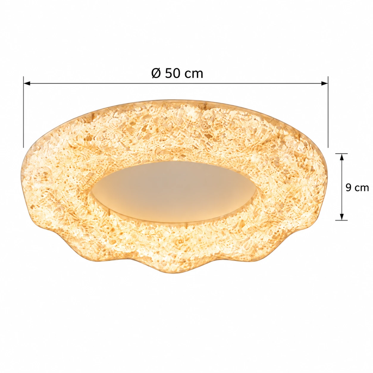 Schéma du plafonnier Clara : diamètre de 50 cm et hauteur du corps de 9 cm.