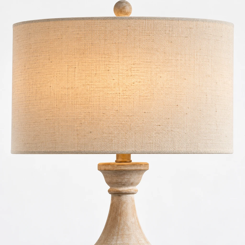 Elena American Vintage Carved Wood and Fabric Table Lamp, Aged Wood, close view of the secondary construction detail
