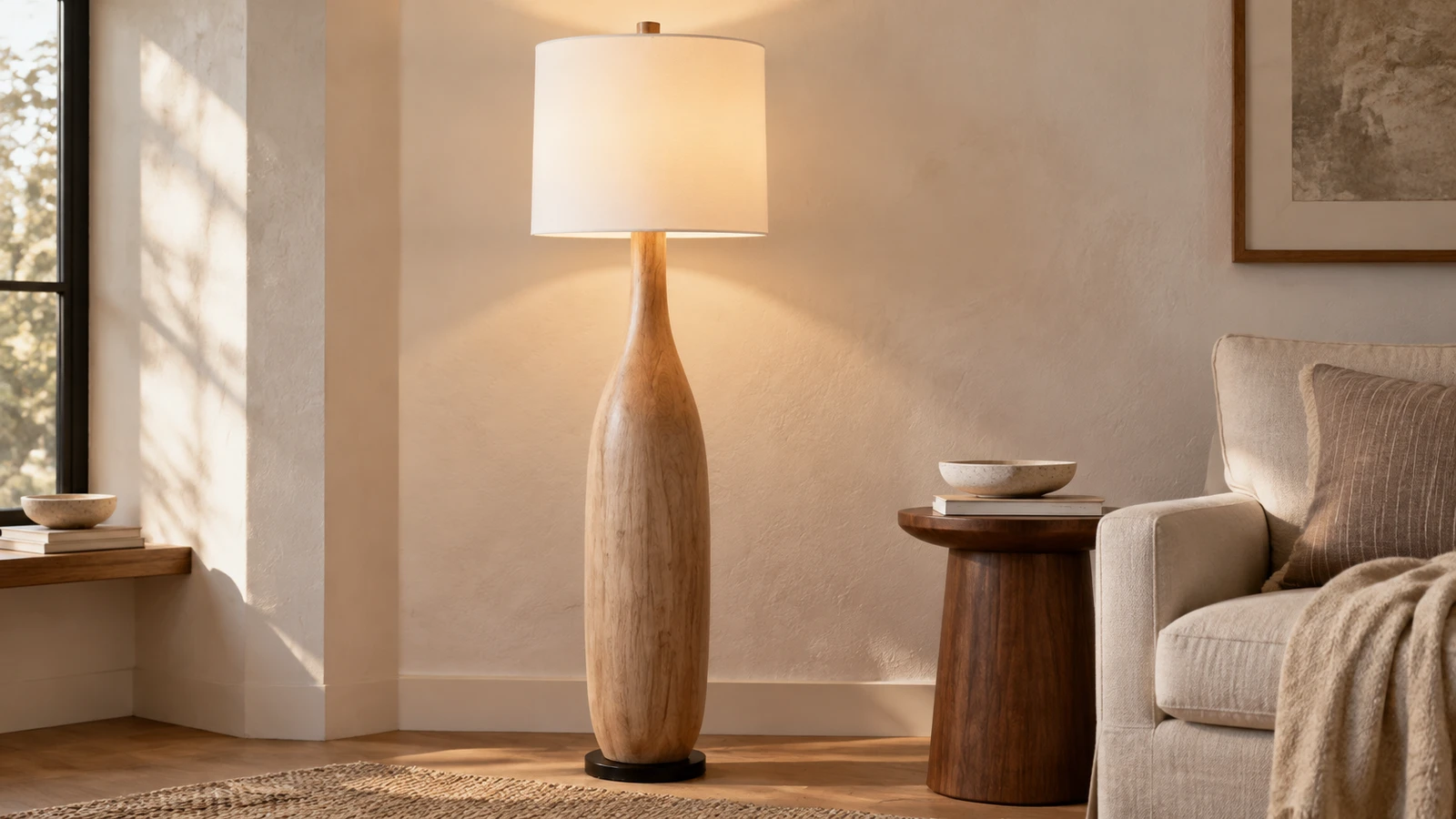 Amelia American Rustic Turned Wood and Fabric Floor Lamp in an American Rustic interior
