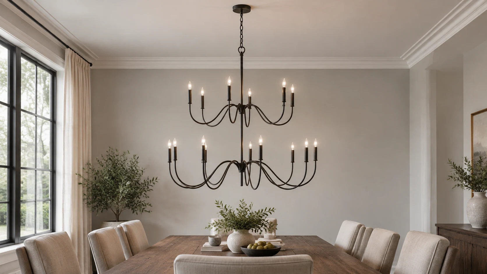 Lustre à 15 lumières à bras courbés dans une salle à manger à haut plafond