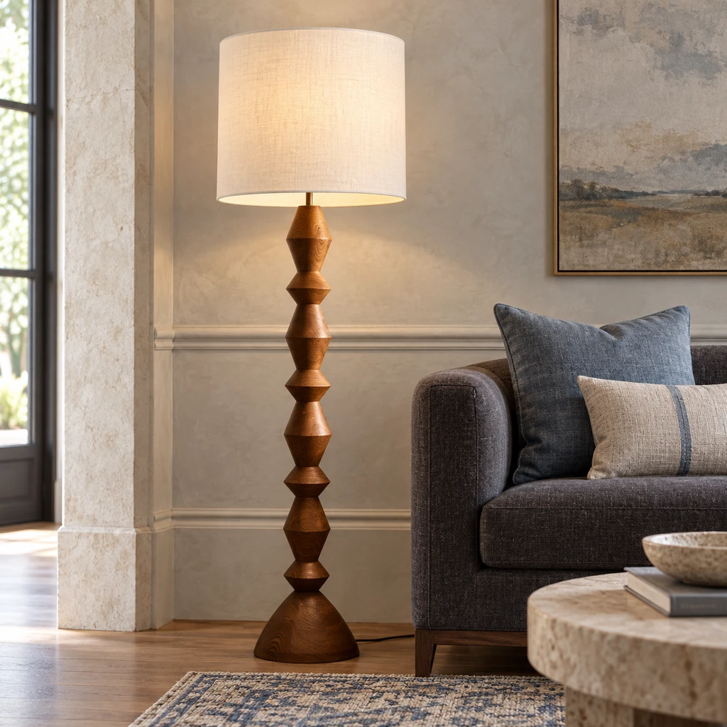 Maya Vintage Carved Wood and Fabric Floor Lamp, Carved Wood, medium-near hospitality setting